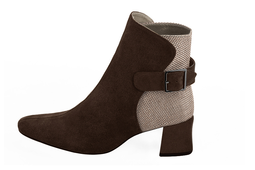 Dark brown and tan beige women's ankle boots with buckles at the back. Square toe. Medium block heels. Profile view - Florence KOOIJMAN